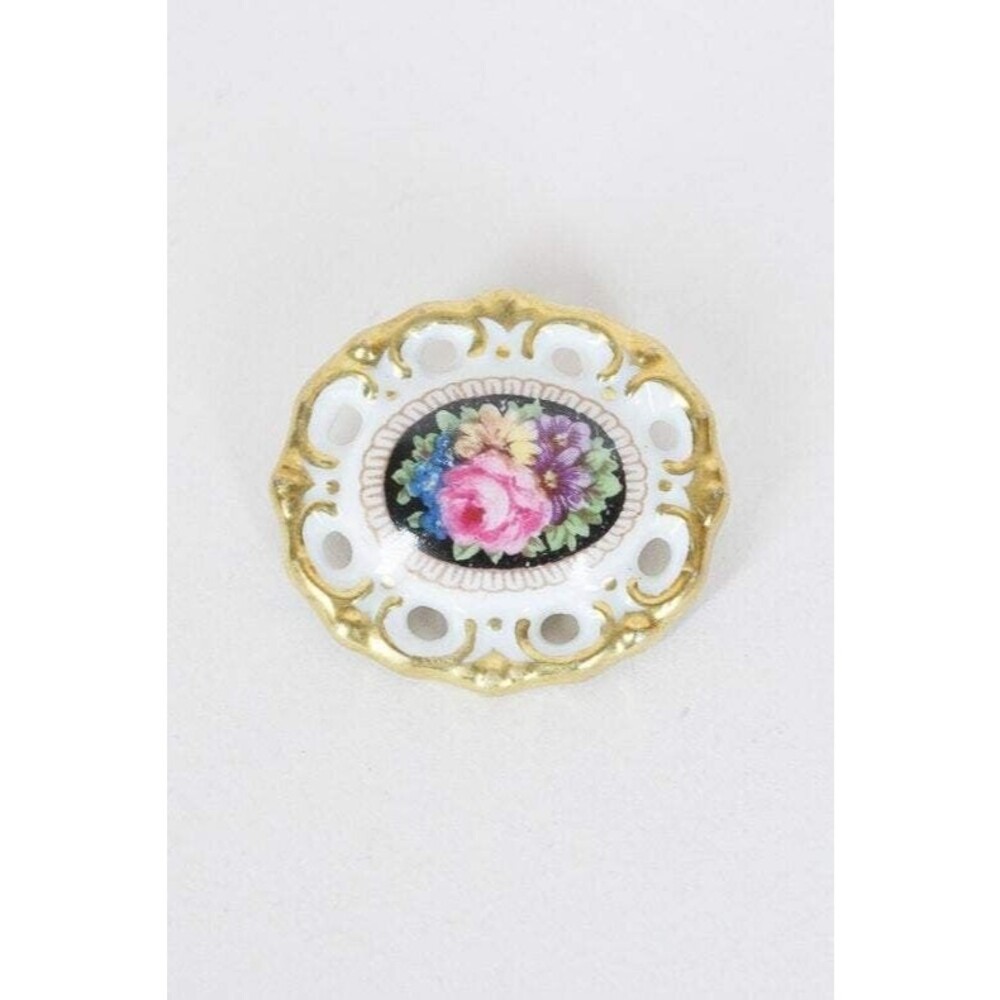 Vintage Antique 1930s 30s Schumann Porcelain White and Gold Floral Brooch